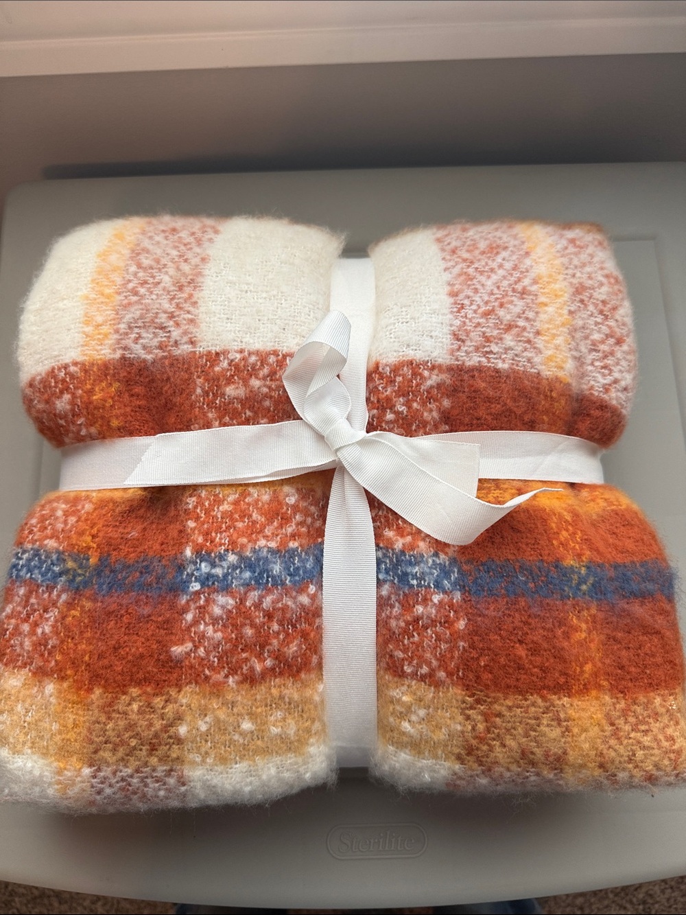 Ashland Orange & Cream Plaid Throw Blanket with Blue Accent